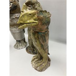 Four studio pottery novelty jars, modelled as Grotesque birds, by Chris Attlesey with makers mark beneath, largest H38cm
