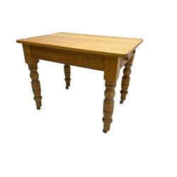 Traditional pine farmhouse style kitchen table, fitted with drawer, on turned supports