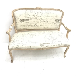 Two seat French style settee, beech framed, on cabriole supports, W114cm