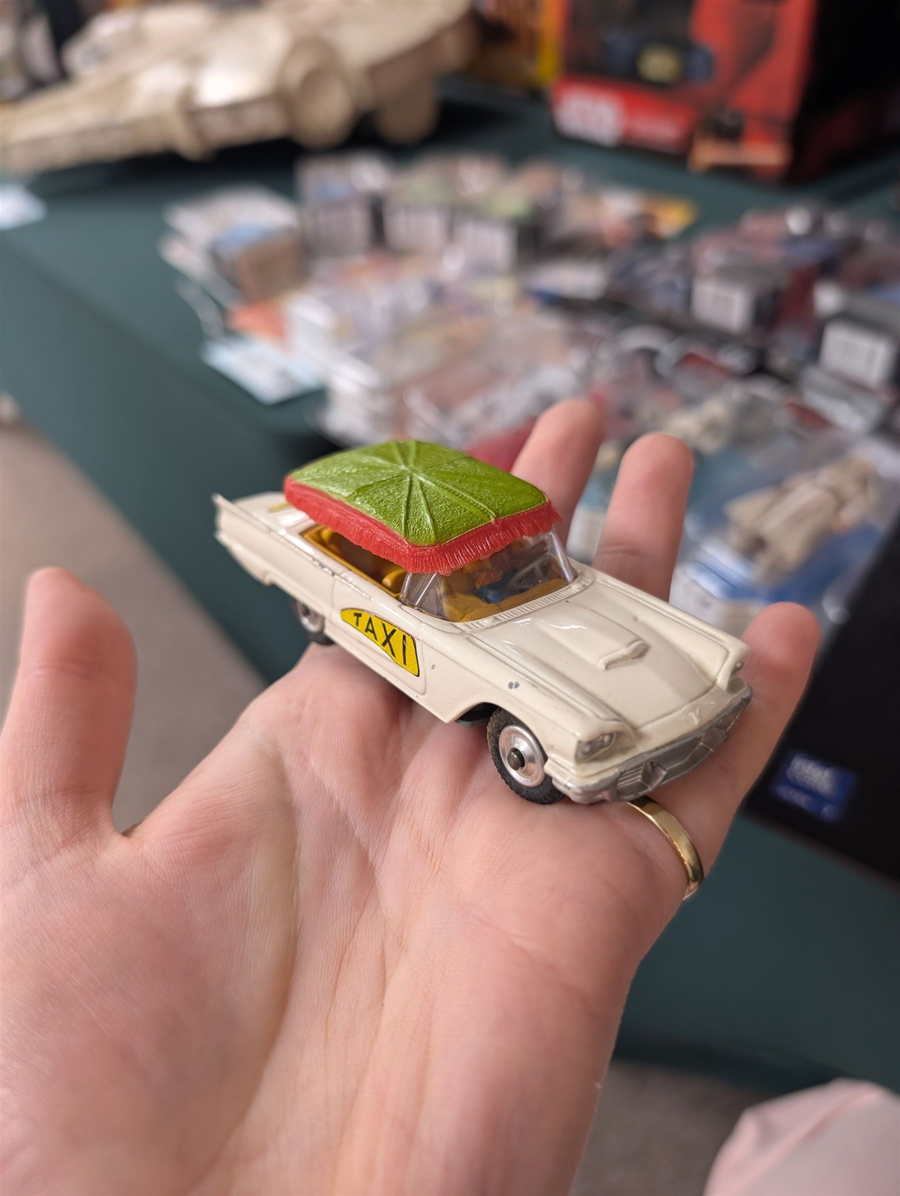 Corgi Toys Ford Thunderbird Bermuda Taxi no. 430, white body with yellow lettering with red and green plastic canopy, boxed