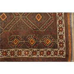 Two hand-knotted rugs, comprising Persian medallion rug and tribal rug, Persian hand-knotted rug, ivory ground centred by shaped floral medallion with pendants, surrounded by stylised flowerheads and foliate motifs, enclosed by multiple floral and geometric borders, H155cm, W123cm; tribal hand-knotted rug, dark brown ground with repeating linked geometric diamond medallions in orange and green, enclosed by ivory geometric border, striped ends with fringes, H150cm, W71cm