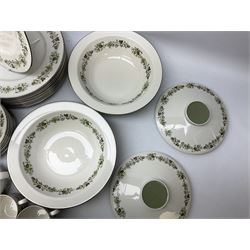 Royal Doulton tea and dinner wares decorated in the Vanity Fair pattern, to include twelve dinner plates, twelve side plates, eleven bowls, three lidded tureens, ten teacups, sauceboat on stand etc, together with boxed Royal Worcester plate, six Royal Worcester ramekins etc