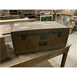 Small Victorian pine blanket box, small stained pine box and a canvas trunk (3) - THIS LOT IS TO BE COLLECTED BY APPOINTMENT FROM THE OLD BUFFER DEPOT, MELBOURNE PLACE, SOWERBY, THIRSK, YO7 1QY