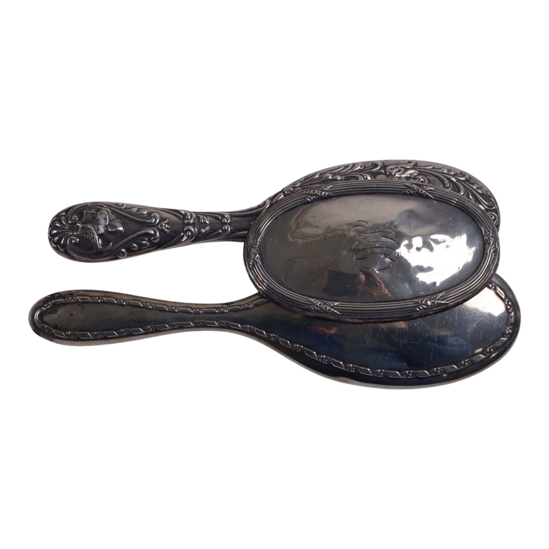 Group of silver, including matchbox cover, open salt, brush mounts and three napkin rings, together with a collection of silver plated cutlery, cruets etc