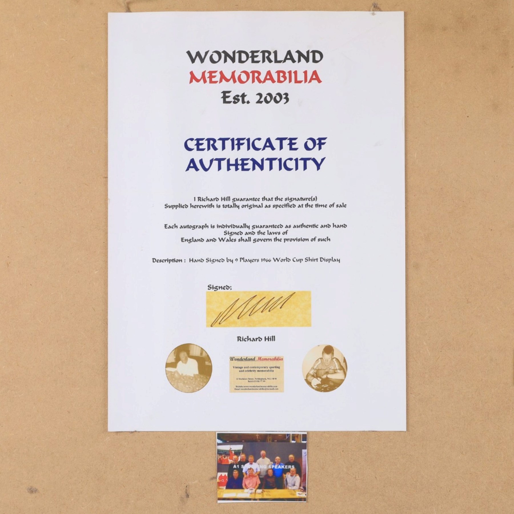 Signed 40th anniversary 1966 England World Cup shirt, signed by Gordon Banks, George Cohen, Ray Wilson, Jack Charlton, Alan Ball, Nobby Stiles, Roger Hunt, Martin Peters and Geoff Hurst, framed with certificate of authenticity from Richard Hill verso, frame H91cm