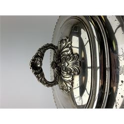 Matthew Boulton silver plated tureen and cover, the body of oval form with twin handles engraved with crest, probably for Whitgreave/Whitgrave family of Moseley Staffordshire, 'Regem Defendere Victum', (To defend the king even in his defeat/To defend the conquered king ), upon four paw feet, the cover with gadrooned rim and foliate loop handle 