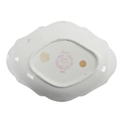 Collection of 19th century porcelain dessert wares, comprising Bloor Derby dish, circa 1825, Spode Felspar shaped oval dish, circa 1820, Ridgeway shaped oval footed dish with twin handles, circa 1840, Ridgeway dish, circa 1820, and tazza and dish, probably Minton, pattern 4810, each decorated in various patterns with floral sprays against dark blue grounds and heightened with gilt