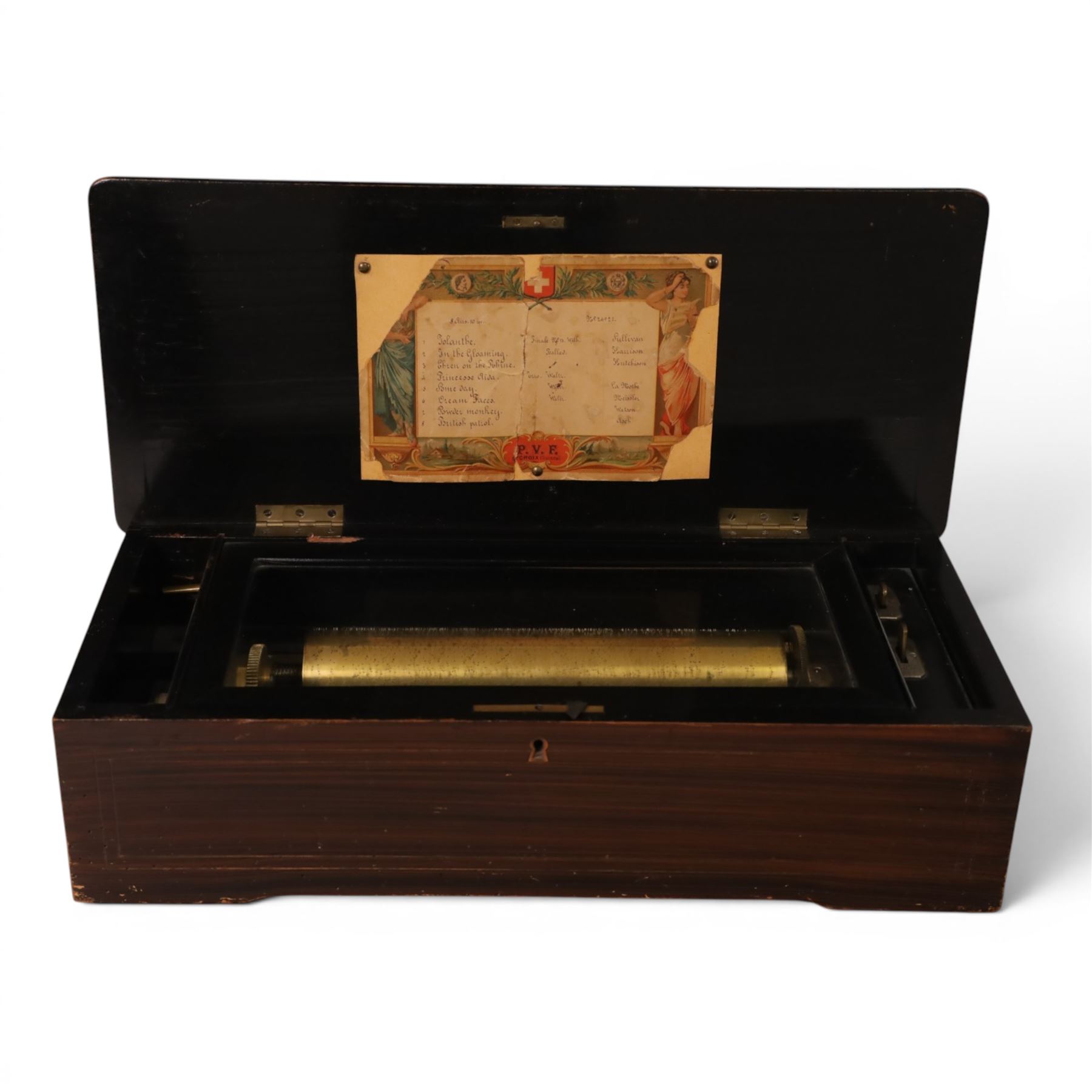 Swiss-Late 19th-century inlaid rosewood musical box playing eight airs, 78 tooth steel comb and brass cylinder, crank operated going barrel with a jewelled governor, with original tune sheet, W51cm 