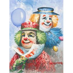 William Moninet (American 1937-1999): Circus Clowns and Clown with a Balloon, pair of oils on canvas board signed 39cm x 29cm (2)