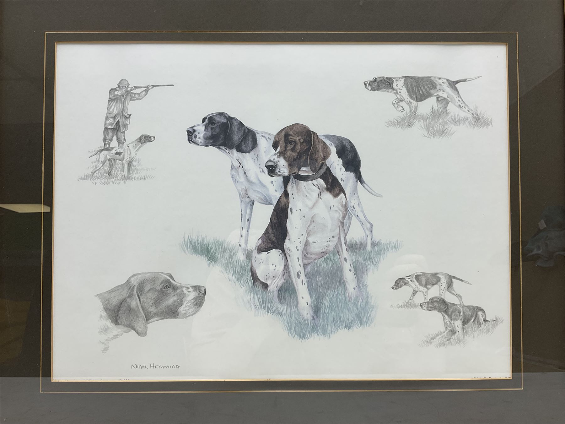 After Alan Ellison, limited edition colour print 'Working Springers' no.178/750 signed on the mount 43 x 59cm; and seven colour prints after Nigel Hemming of game birds and gun dogs; all framed (8)