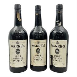 Warre's, 1963 vintage port, three bottles, unknown contents and proof