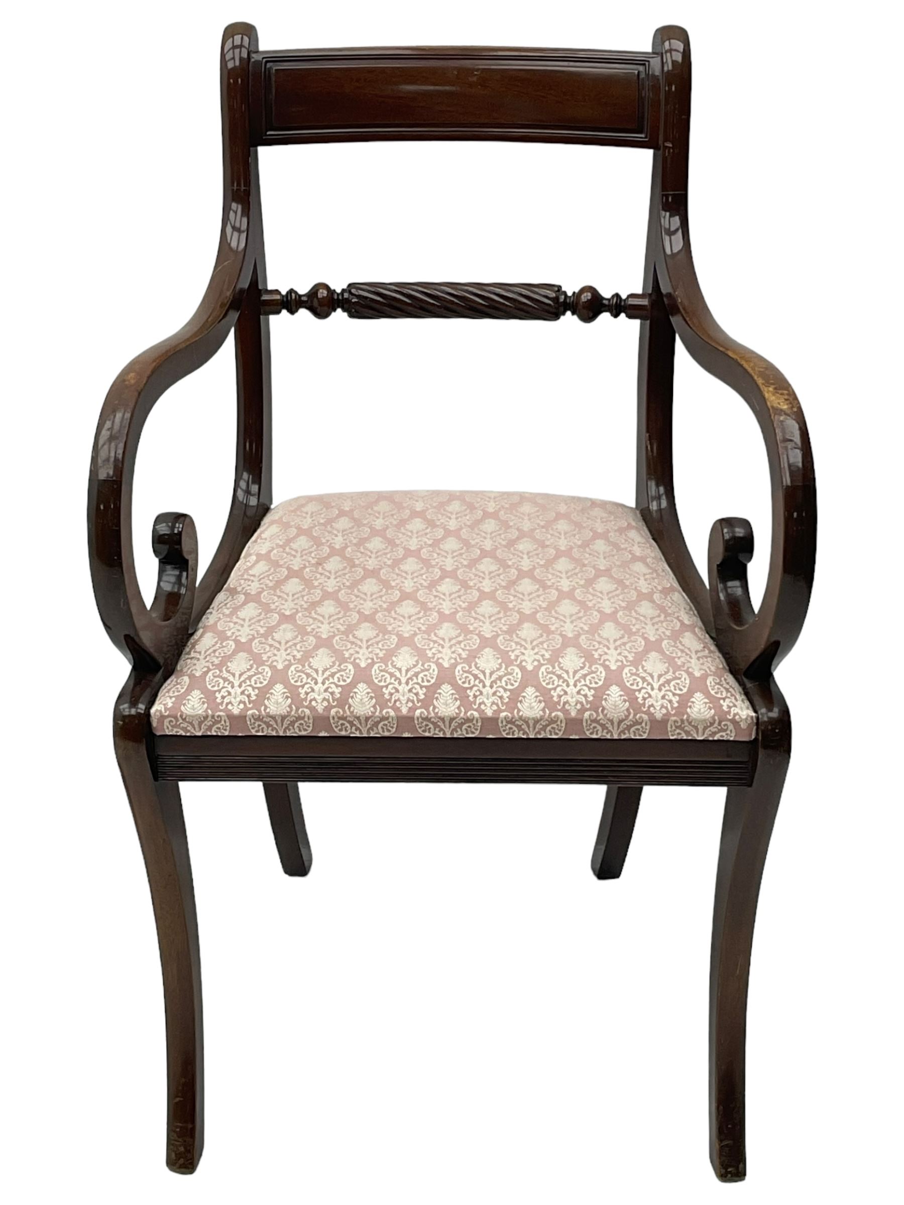 Regency design mahogany extending dining table, rectangular top with extending canted corners, pull-out action with additional leaf (84cm x 136cm - 182cm, H76cm); set of eight Regency design mahogany dining chairs with rope twist rails