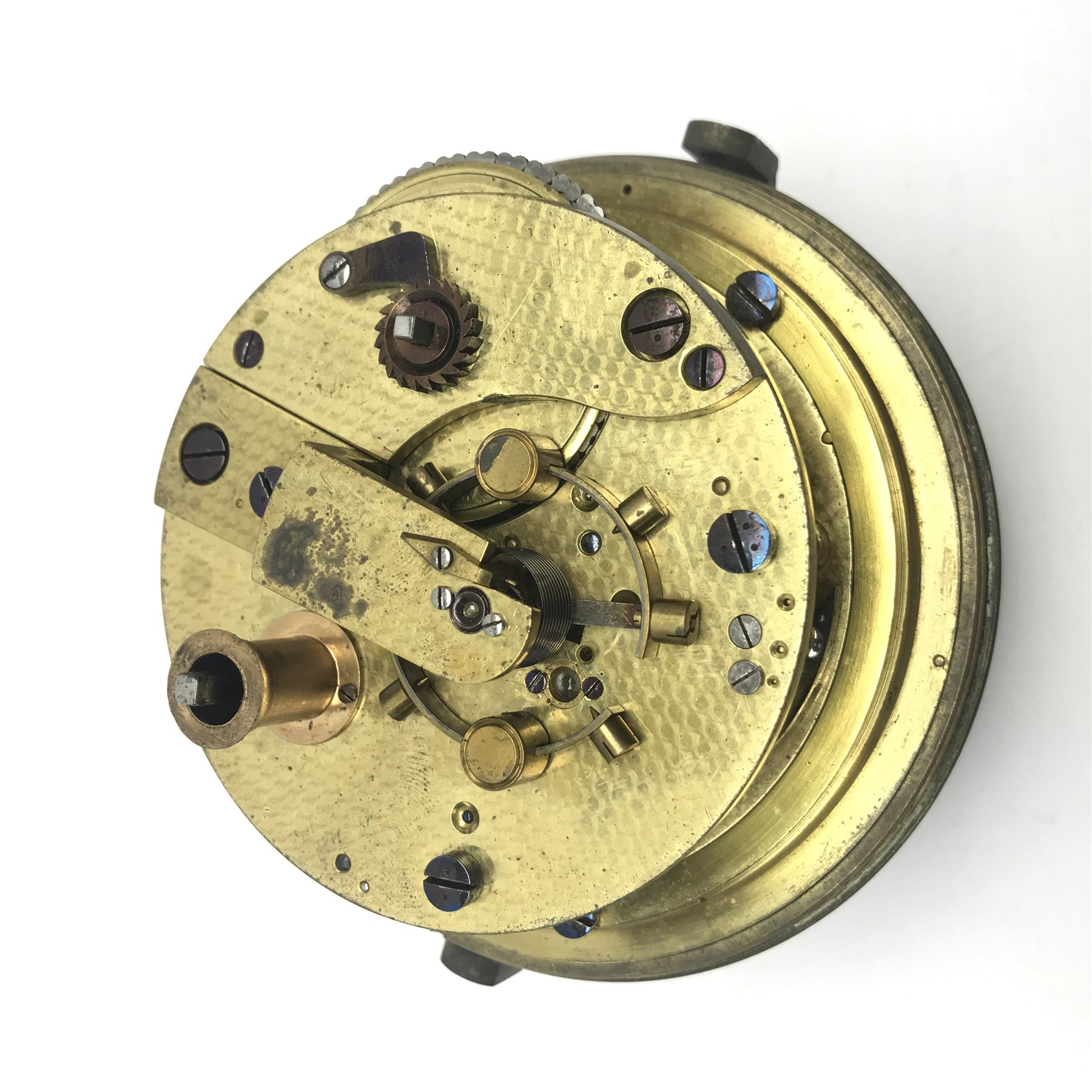 Mid 19th century marine chronometer by 'Cameron, Liverpool', silvered Roman dial, serial no. '1715', four pillar chain fusee movement with detent escapement, engine turned movement plates, dial diameter - 10cm, total diameter - 12.5cm