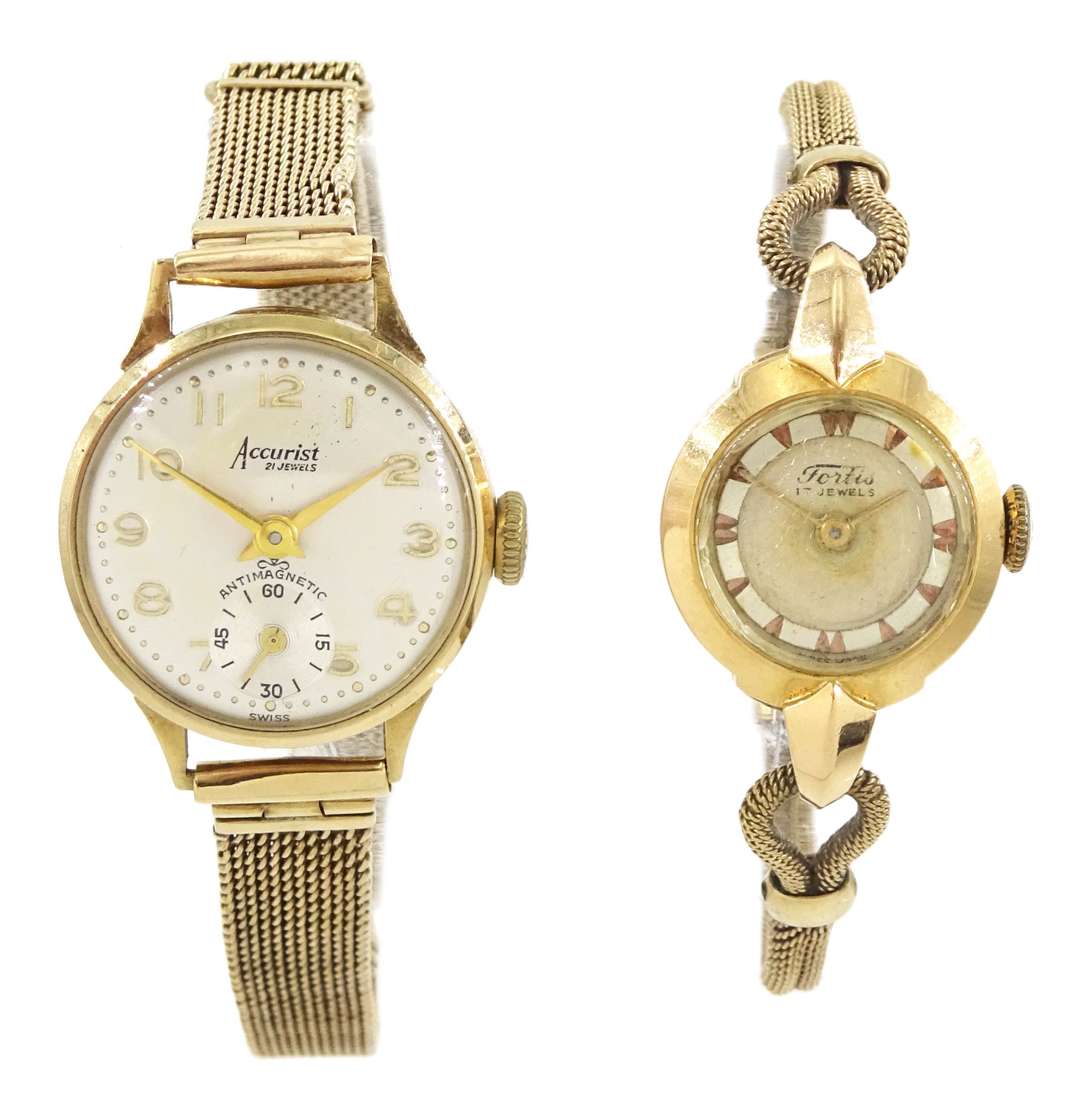 Accurist ladies 9ct gold manual wind wristwatch, silvered dial with subsidiary seconds dial, on 9ct gold mesh link bracelet and a Fortis 18ct gold ladies manual wind wristwatch, on 9ct gold bracelet