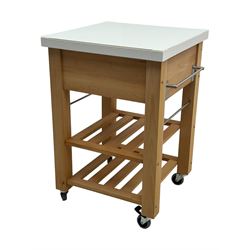 Contemporary butchers block kitchen trolley, white square top over beech frame, single pull-out drawer, dual slatted shelves, chrome towel rails, raised on square supports with castors