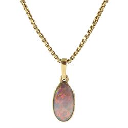 Gold oval opal pendant, on gold box link necklace, both 9ct