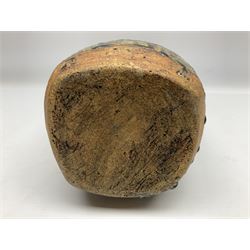 Janet Leach (American, 1918-1997) for Leach Pottery; studio pottery Bizen style vase of tapering form, the stoneware body decorated in a mottled green and brown dripped ash glaze, with impressed J.L. monogram and stamp marks beneath, H30cm