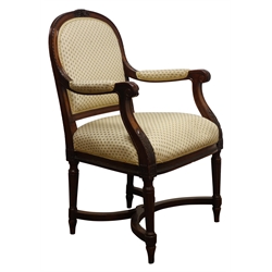 19th century open armchair, moulded mahogany frame carved with acanthus and scrolls, upholstered seat, back and arm pads, on tapering fluted supports with curved X stretcher, H98cm  