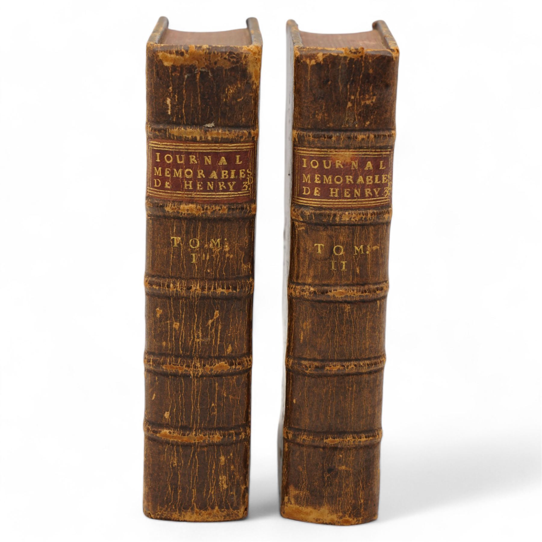 Pierre de L'Estoile - 'Journal des Choses Memorables Advenues de Henry III' published in French by P Marteau, Cologne two volumes 1720 in full calf (2), De Vigny, Alfred - 'Theatre Complet' pub. 1848 half calf, 'Cinq-Mars' pub 1898, De Stendhal - 'La Peintre en Italie' 1864 and H Taine - 'Voyage en Italie' two volumes bound together 1880, all published in French (4)