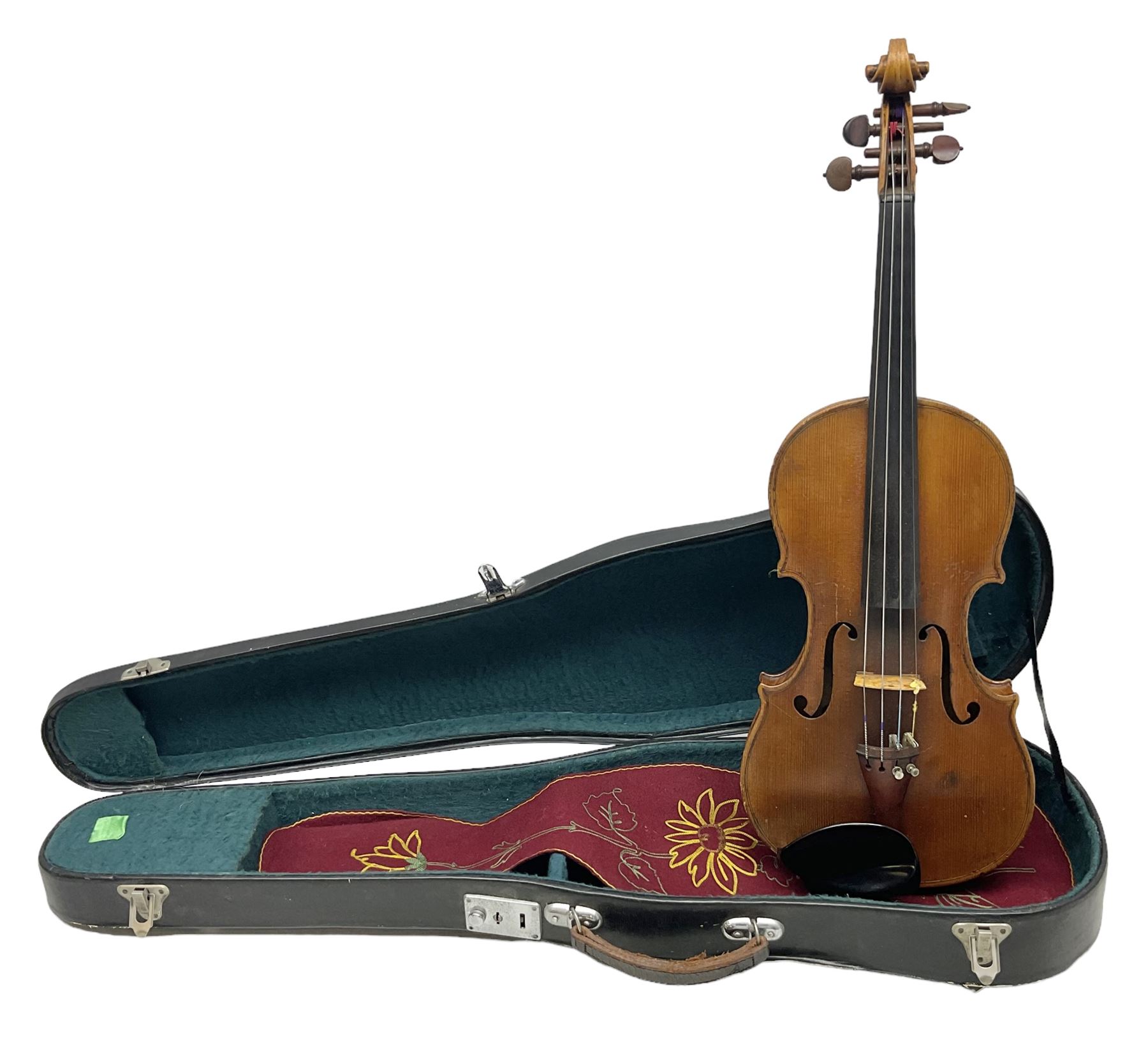 French violin c1900 labelled Guadagnini with 35.5cm two-piece maple back and ribs and spruce top, labelled 'Joannes Baptista Guadagnini Pla Centinus Fecit Mediolani 17**' L59cm overall; in hard carrying case