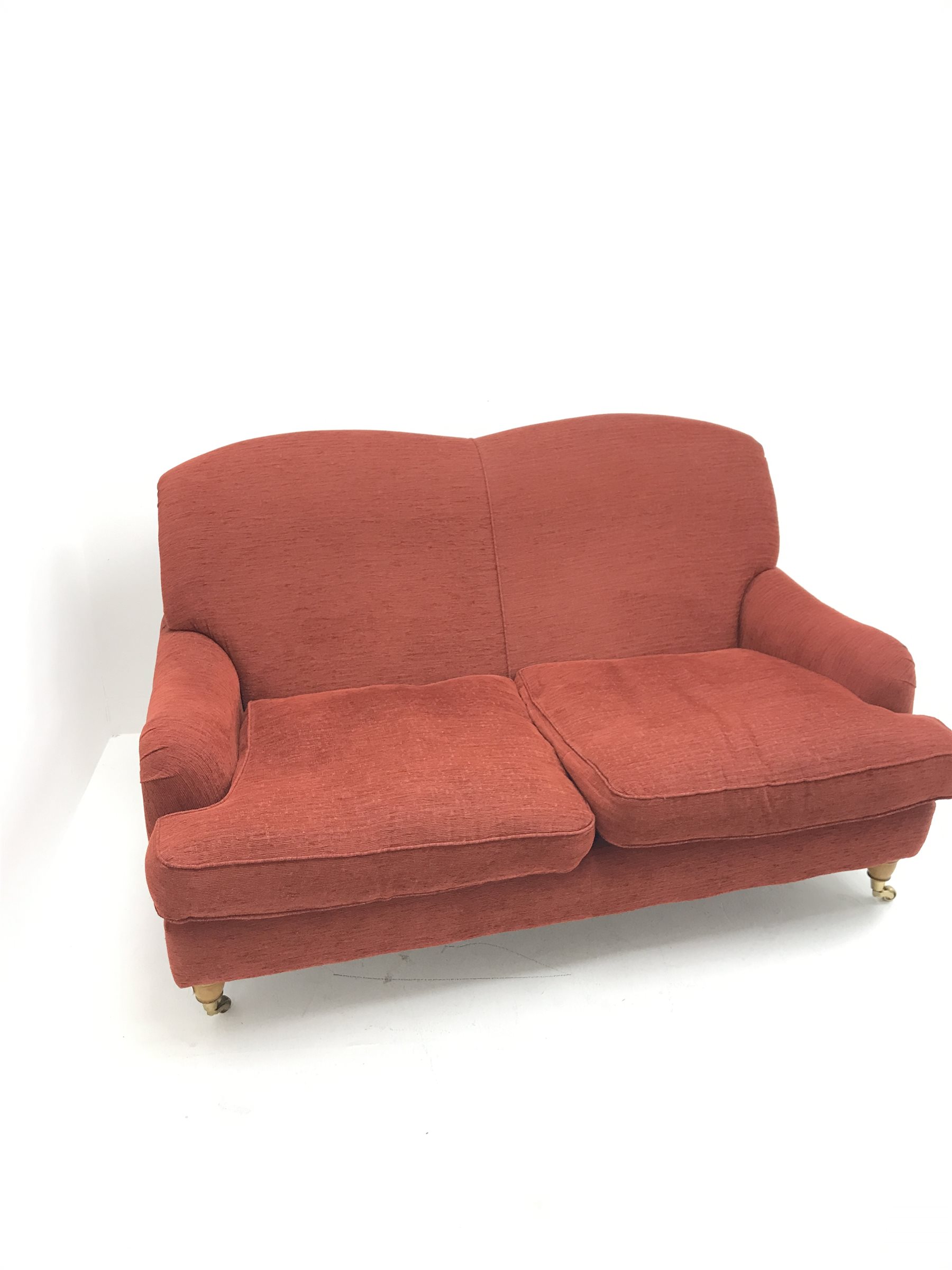 Laura Ashley Twickenham three seat sofa upholstered in a red fabric, turned supports (W188cm) and matching two seater (W160cm)