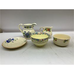 Group of ceramics to include Art Deco examples, Arthur Wood twin handled vase decorated in the Garden Wall pattern, Art Deco style Coalport twin handled lidded sucrier and saucer, Mason's Applique jug (scratch through mark), Royal Doulton Minden bowl and jug, Copeland Spode Royal Jasmine jug, Crown Devon, etc