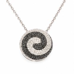 9ct white gold diamond swirl pendant necklace, circular pendant pave set with black and wh...