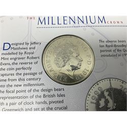 Ten Queen Elizabeth II United Kingdom five pound coins, including 1997, 2001 etc, all in card folders