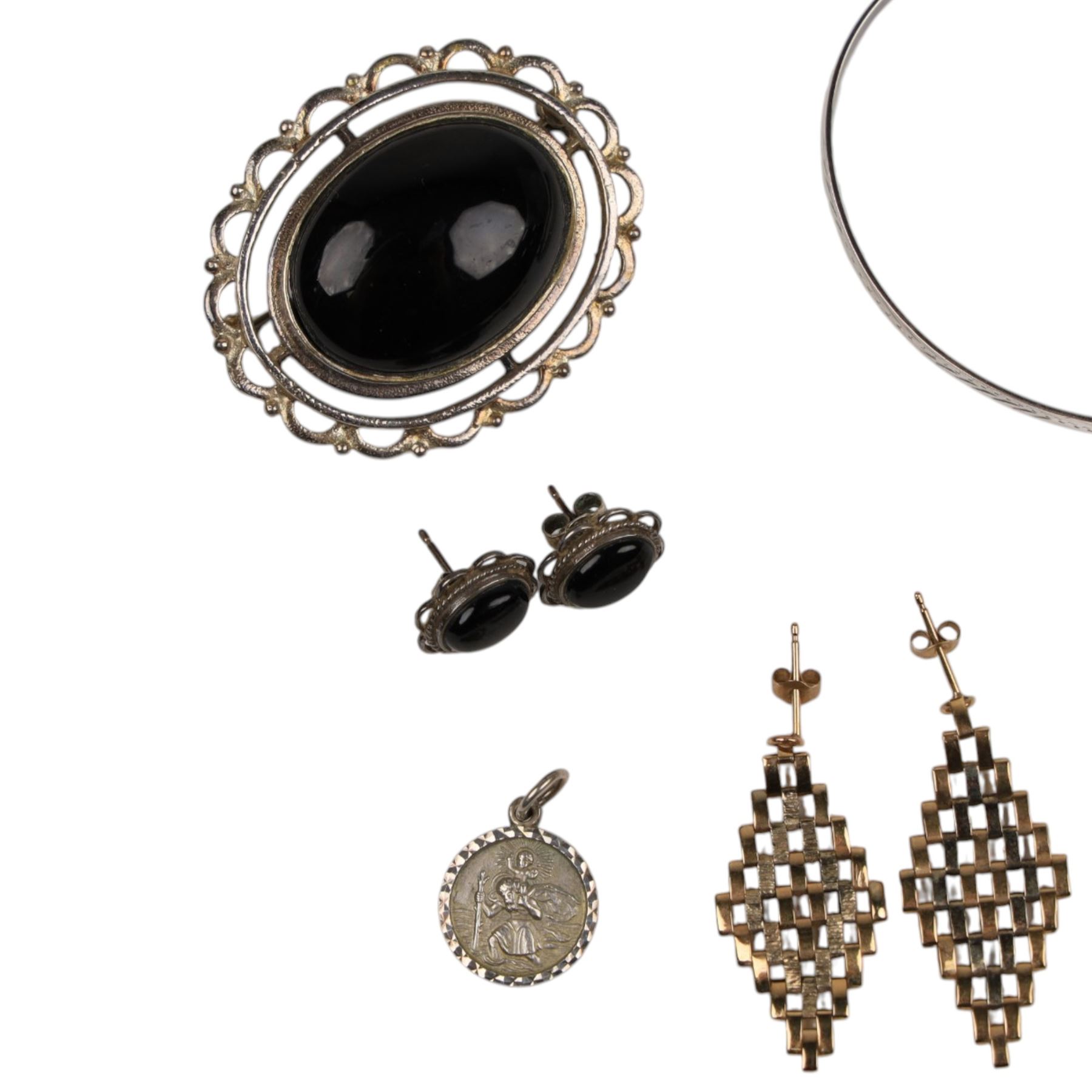 Two pairs of 9ct gold earrings and silver jewellery including jet brooch and earrings, heart pendant, St Christopher's and a bangle