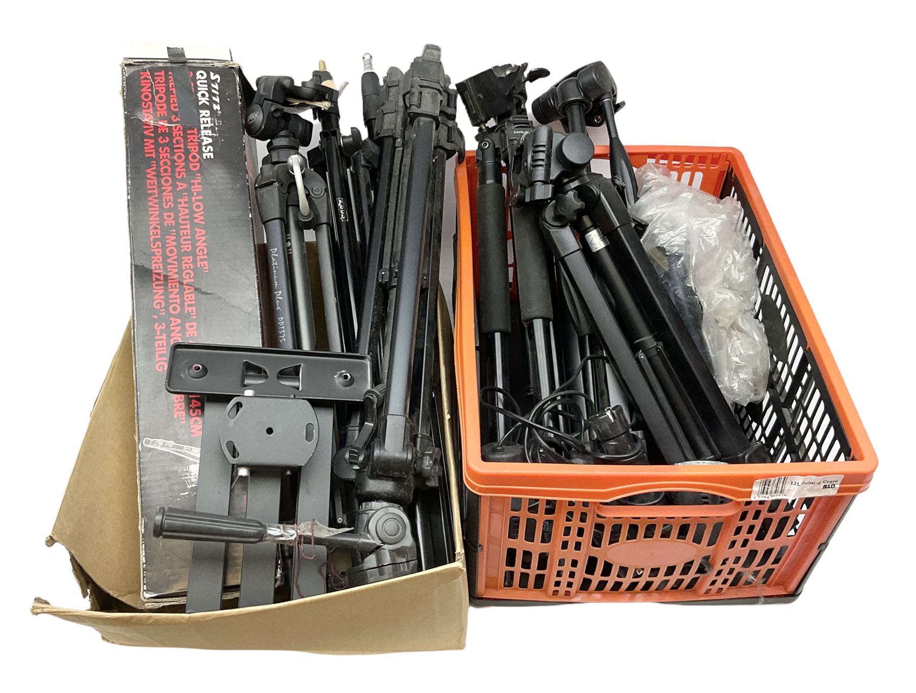 Collection of camera tripods to include Camlink, Platinum Plus PPT375, Sobrouo NT668 etc, in two boxes 