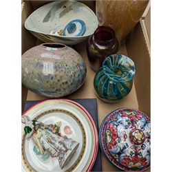 Poole pottery vase, Mdina glass vase and a collection of other glassware and ceramics, in two boxes 