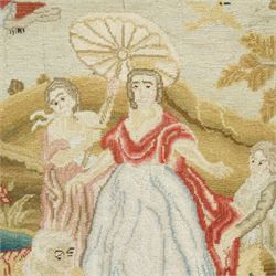 Victorian wool work picture, depicting a biblical scene of Moses in the bull rushes, faintly inscribed and dated 1866 verso, 38cm x 47cm 