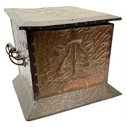 Arts and Crafts copper coal box, of square form with twin curved handles, with hammered finish, and embossed stylised motif to the front and hinged cover, H37cm L40cm D35.5cm