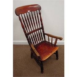  19th century elm and beech spindle back country armchair, turned supports  