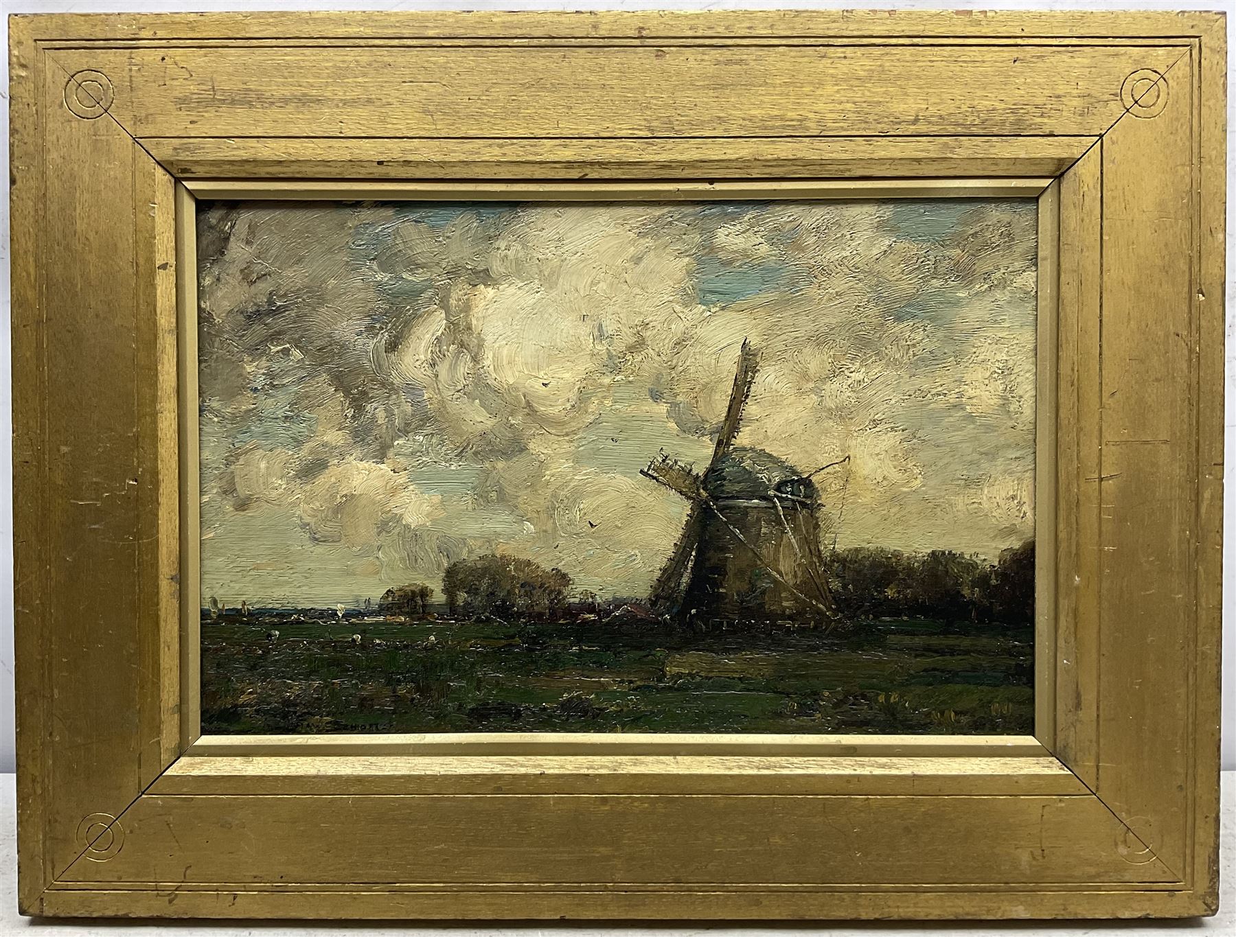 Kershaw Schofield (British 1872-1941): Windmill under Cloudy Skies, oil on canvas signed 28cm x 43cm