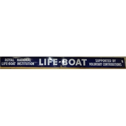  RNLI two piece Lifeboat sign, white lettering on blue ground, approx 367cm x 30cm  