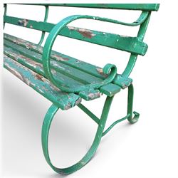 Antique Regency design green-painted wrought iron and slatted garden bench, the scrolled loop-form strapwork end supports fitted with a slatted timber back and seat