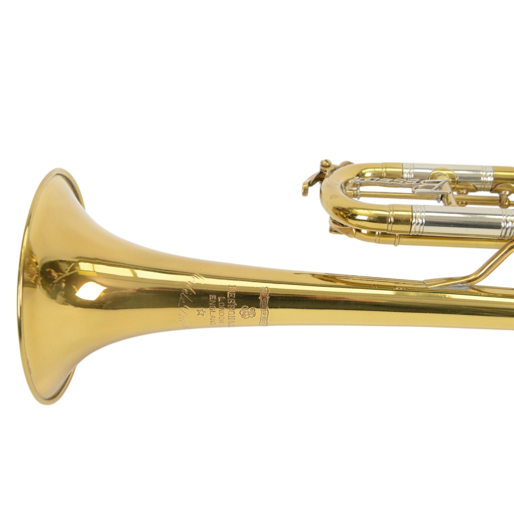 Besson brass trumpet, with three piston valves and finger hook, heavily lacquered finish with mouthpiece, within a velvet lined hard case