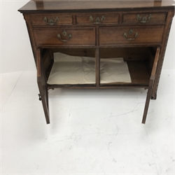 19th century oak dresser, raised three tier plate rack, projecting cornice, three short and two long drawers above two cupboard doors, W113cm, H199cm, D50cm