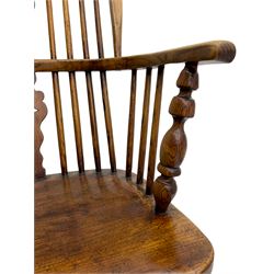 19th century elm Windsor armchair, shaped and pierced splat back, turned supports with crinoline stretcher, upholstered seat