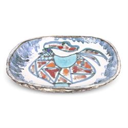 Adam Dworski (1917-2011) - oval dish, decorated to the centre with a stylised cockerel, signed beneath, L29cm, W24cm 
