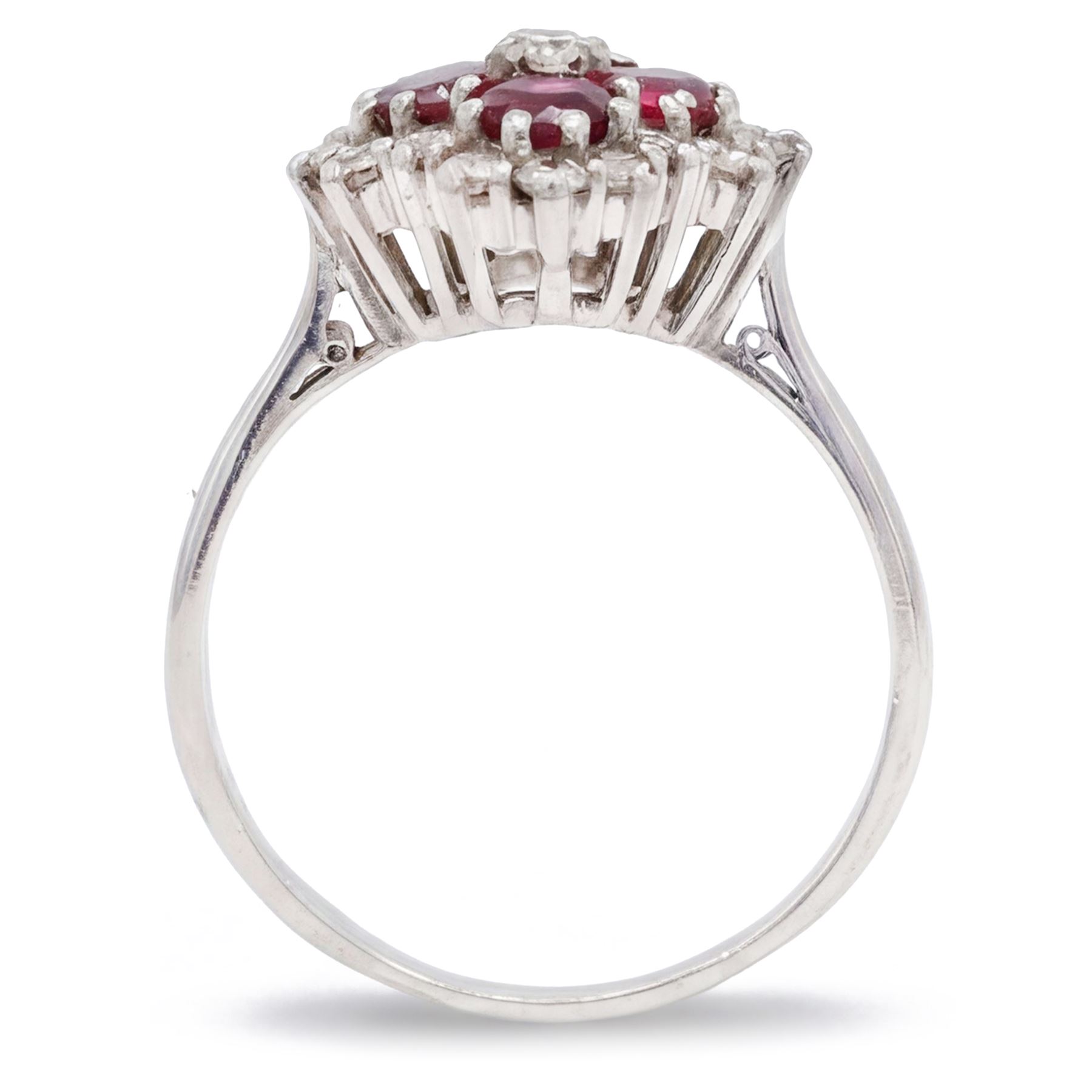 18ct white gold ruby and diamond cluster ring, set with round round cut rubies and seventeen round brilliant cut diamonds, total ruby weight approx 1.15 carat, total diamond weight approx 0.55 carat