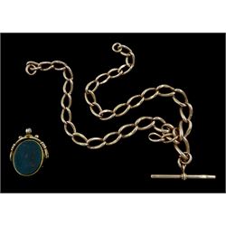 Victorian 9ct rose gold tapering Albert chain, Birmingham 1897, each link stamped 9.375, with 9ct gold carnelian and bloodstone swivel fob, Birmingham 1896
