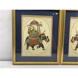 Mughal School (20th century): Elephants with Howdahs, pair paintings on ivorine with engraved detail 30cm x 22cm (2)