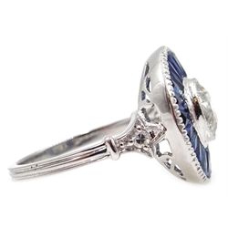  Platinum (tested) diamond and calibre cut sapphire circular ring, diamond approx 1 carat  