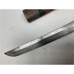Good quality Japanese sword blade with later WWII fittings and scabbard  - 67.5cm slightly curving blade with unmarked tang, plain iron tsuba and lacquered grip with copper mounts; in lacquered wooden scabbard with tape bound tip L94cm overall