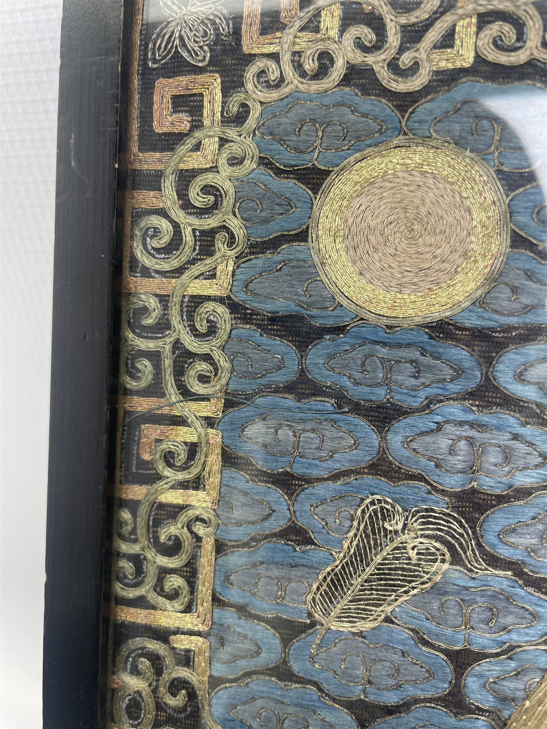 Early 20th century Chinese silk work tapestry, depicting a crane flying over a river, H30cm 