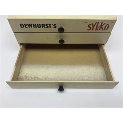 Mid 20th century Dewhurst's 'Sylko' advertising counter top three drawer chest, H14.5cm