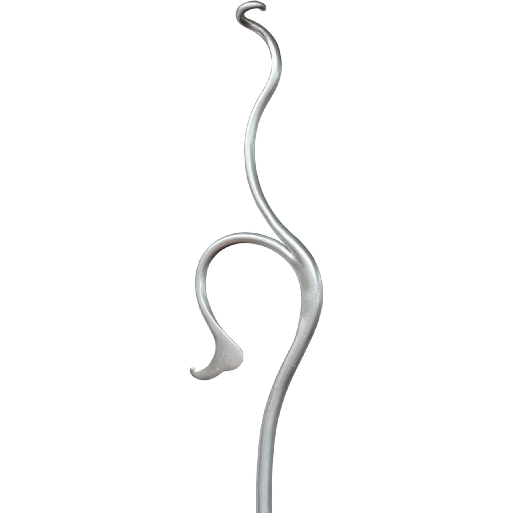 And So To Bed - 'Squigalina' silvered metal framed 5ft king size four poster bed, the tubular chrome posters in scrolling foliate form, over a shaped and scroll-topped metal spindle headboard and footboard