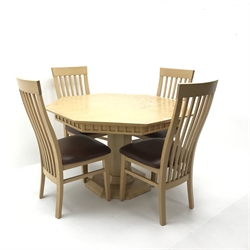 G-Plan octagonal oak pedestal table (W120cm, H76cm, D122cm) and set four slat back dining chairs, upholstered seat, square tapering supports (W50cm)